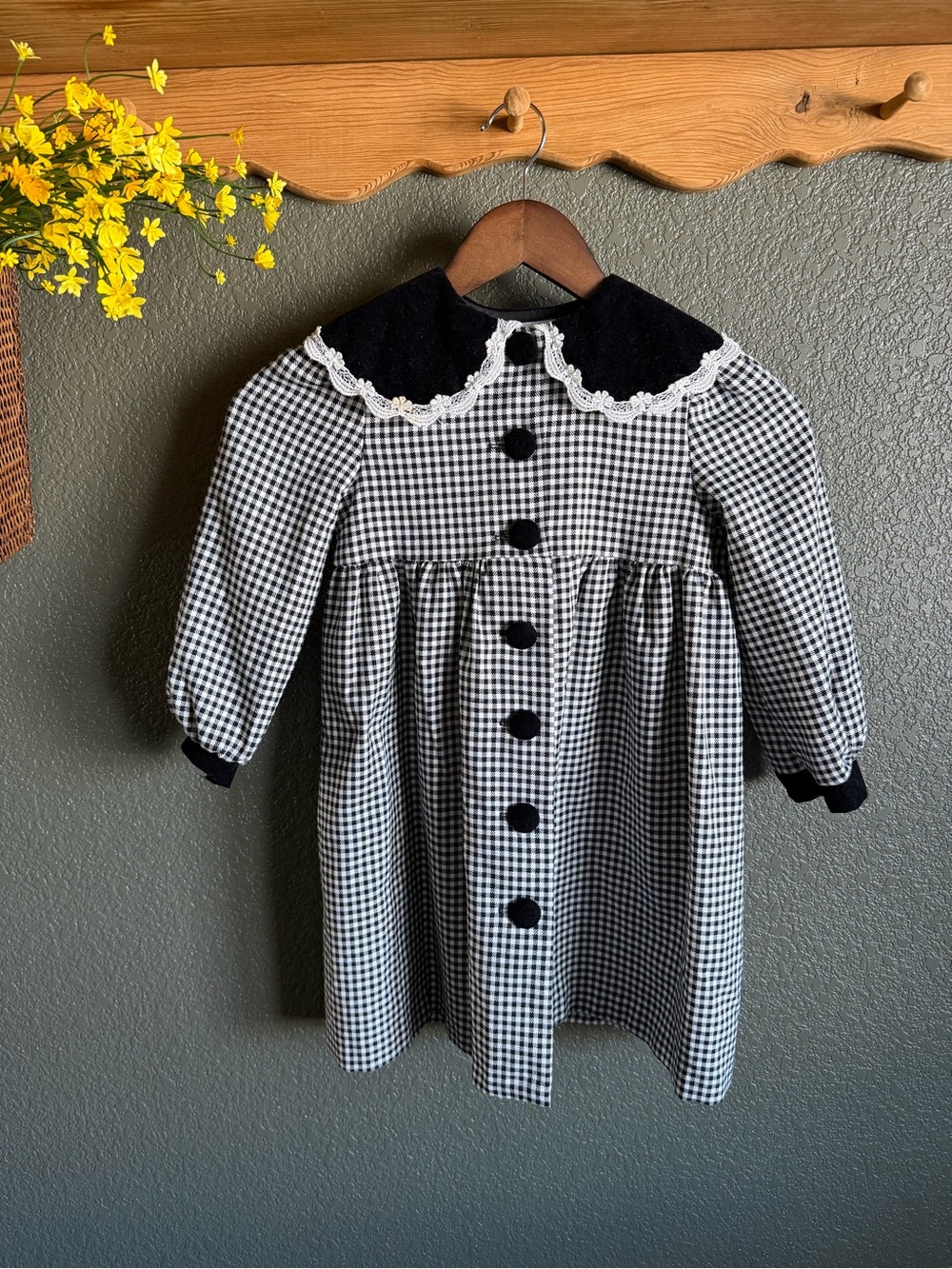Bonnie Jean Black & White Gingham Dress with Lace & Velvet Trim